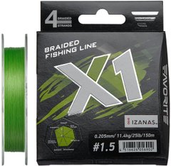 Шнур Favorite X1 PE 4x 150m (l.green) #1.5/0.205 mm 25lb/11.4 kg